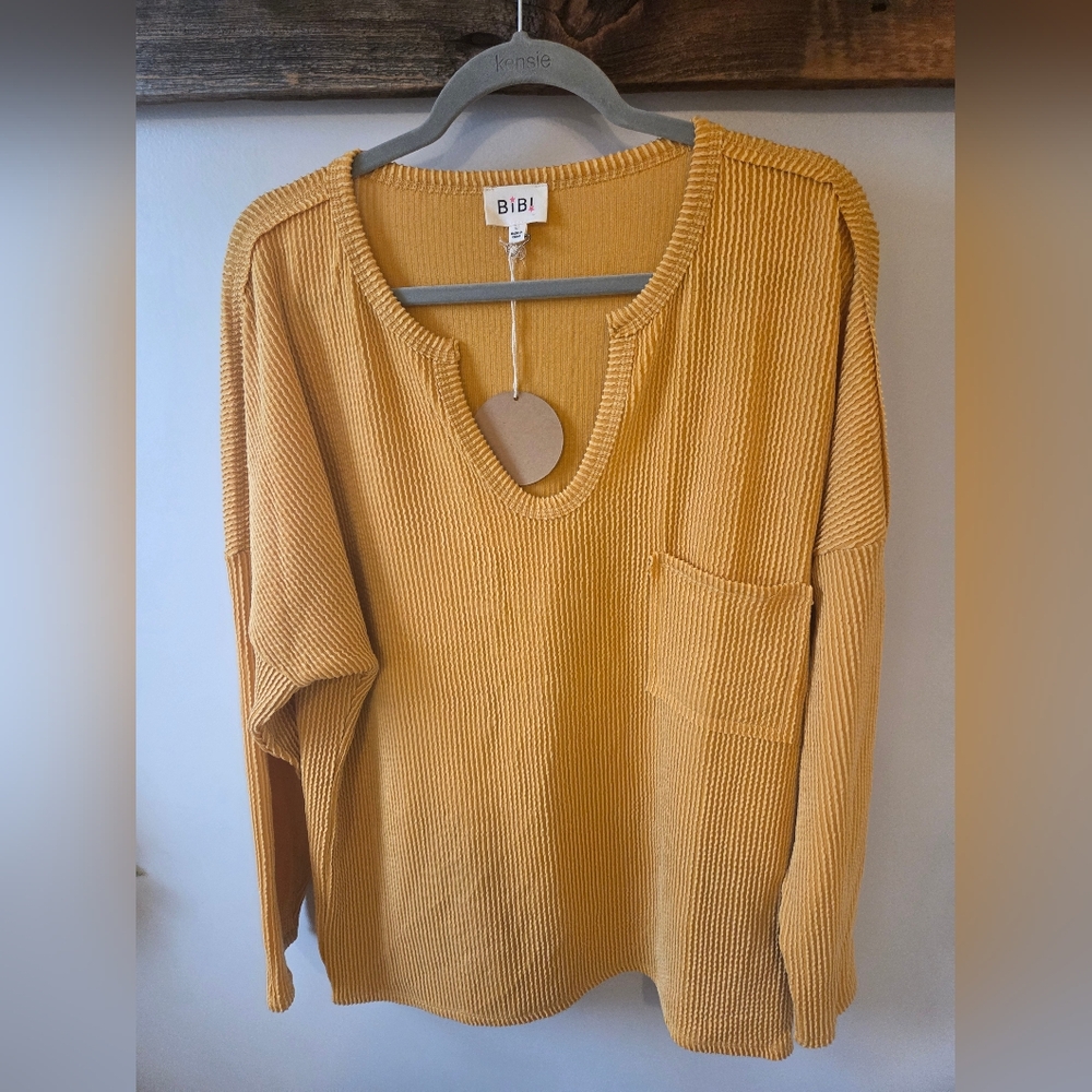 NWT BiBi Mustard Yellow Long Sleeved V Neck Top